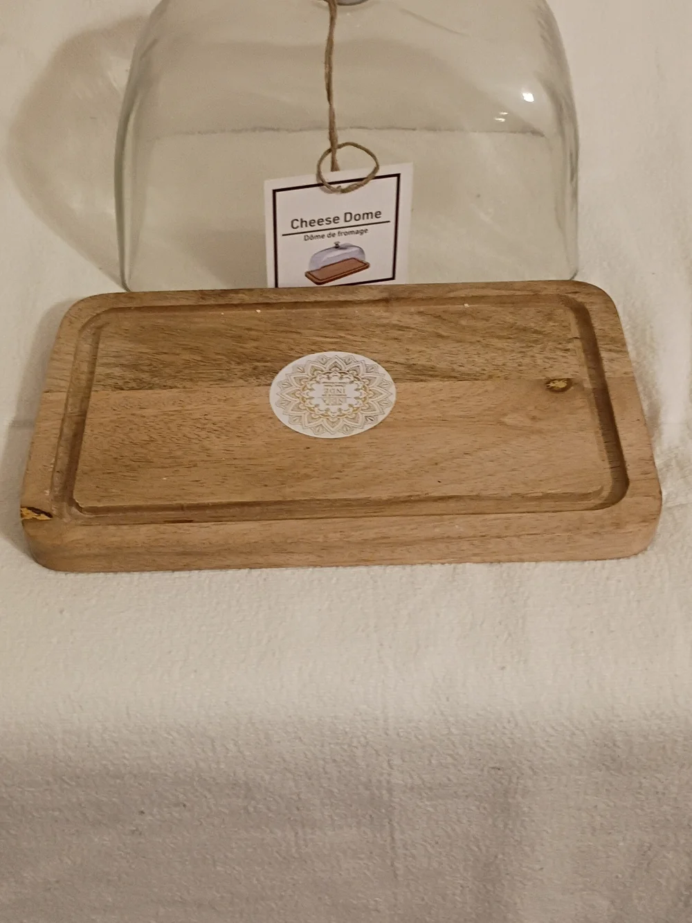 Clear Glass Dome Butter/Cheese Dish with Natural Wood Tray